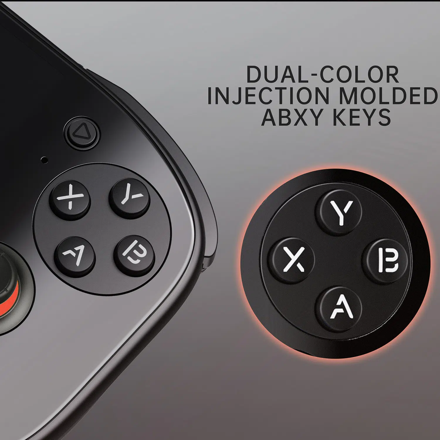 A detailed view of the AYN Odin 2 Portal’s ABXY buttons, showcasing its dual-color injection-molded keys for a high-quality tactile experience.