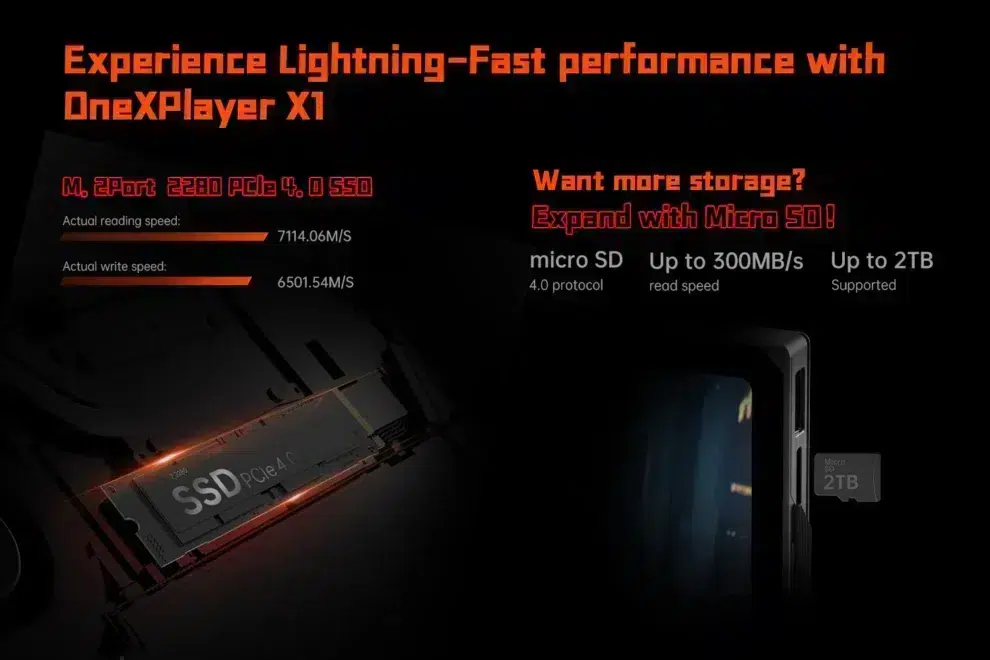 33_7c4fa302-1dad-4618-b817-8e3b7a5d32fb-990x660 - DROIX EU Teave OneXPlayer X1 salvestusvõimaluste kohta, mille M.2 PCIe 4.0 SSD on lugemiskiirusega 7114,06 MB/s ja kirjutamiskiirusega 6501,54 MB/s. Samuti näitab see toetust microSD-mälu laiendamiseks kuni 2TB lugemiskiirusega kuni 300MB/s.