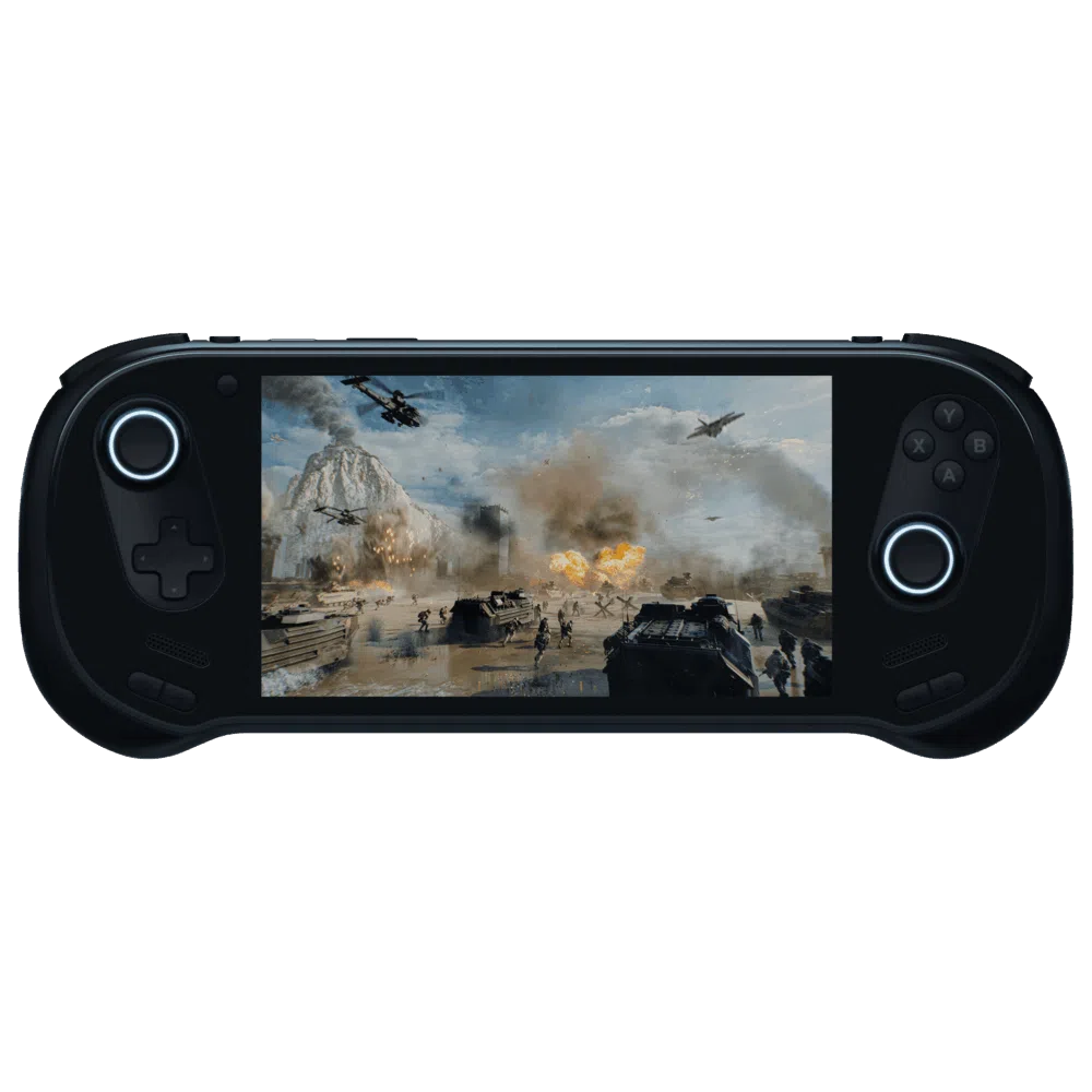 Pohľad spredu na čiernu prenosnú hernú konzolu AYANEO 3 na čiernom pozadí. Na obrazovke sa zobrazuje intenzívna vojenská akčná scéna s výbuchmi, vrtuľníkmi a tankami na bojisku. Ovládacie prvky majú čierny D-pad a analógovú páku na ľavej strane a čierne tlačidlá na tvári a analógovú páku na pravej strane. Obe analógové páčky sú podsvietené jasným bielo-modrým kruhovým svetlom.   