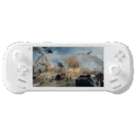 AYANEO-3-WHITE-DONE-LISTING-IMAGE-1 - DROIX EU A front-on view of the white AYANEO 3 handheld gaming console against a black background. The screen displays an intense military action scene with explosions, helicopters, and tanks on a battlefield. The controls feature a white D-pad and analog stick on the left, and white face buttons and an analog stick on the right.