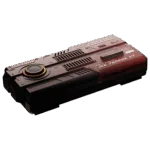 Front angled view of the AYANEO AG01 Starship Graphics Dock, showcasing its red metallic finish, futuristic heat vent design, and large circular LED fan.