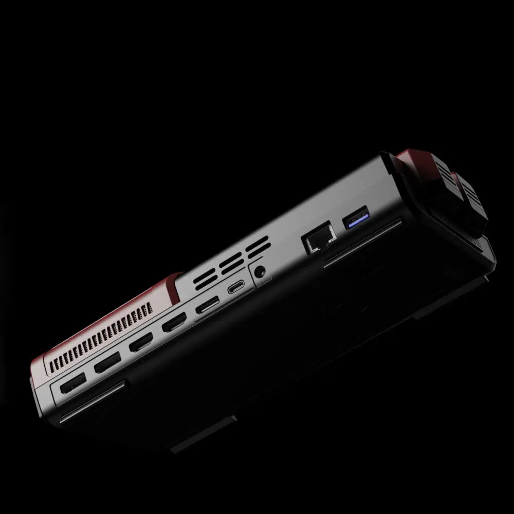Krupni plan stražnjih I/O priključaka AYANEO AG01, uključujući USB, HDMI, Ethernet i OCuLink veze na crnoj pozadini.