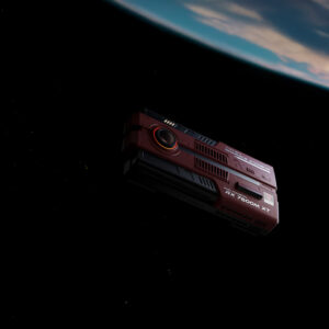 Rendered scene of the AYANEO AG01 floating in space above Earth, emphasizing its "Starship" theme and sci-fi design aesthetic.