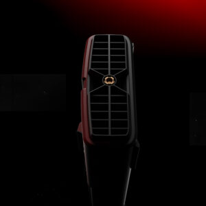 Rear exhaust port of the AYANEO AG01 Graphics Dock with a central screw mount, set against a dramatic red and black background.