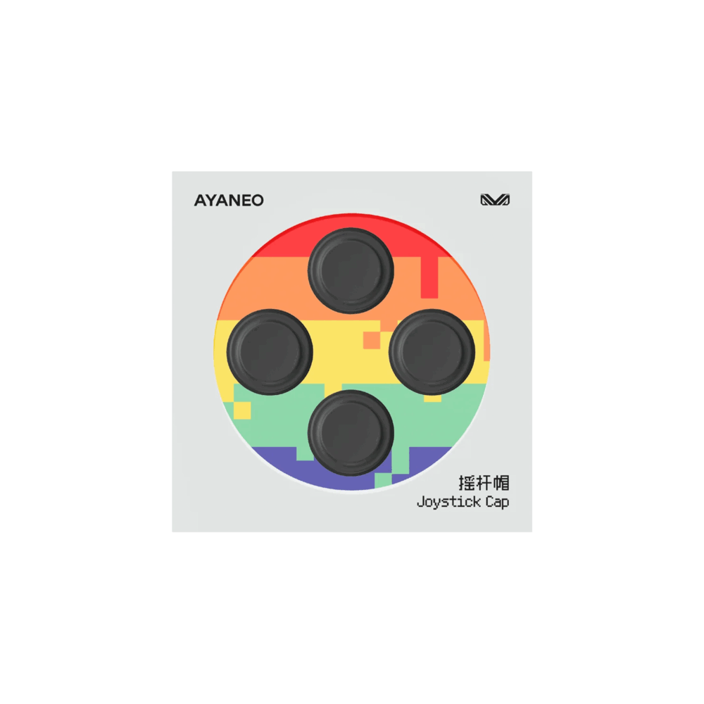 AYANEO joystick caps set in black, designed for AYANEO Pocket Micro and DMG models. The packaging features a pixelated rainbow background with four circular joystick caps visible through a transparent window. The AYANEO logo is displayed at the top left, and the text 'Joystick Cap' along with Chinese characters is printed on the bottom right.