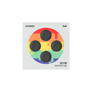 AYANEO joystick caps set in black, designed for AYANEO Pocket Micro and DMG models. The packaging features a pixelated rainbow background with four circular joystick caps visible through a transparent window. The AYANEO logo is displayed at the top left, and the text 'Joystick Cap' along with Chinese characters is printed on the bottom right.