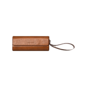 AYANEO Micro Protective Leather Case in brown, featuring a compact, cylindrical design with a fold-over flap secured by a magnetic closure. The case has a wrist strap attached for easy carrying, and the 'AYANEO' logo is embossed on the front. Designed to provide stylish and durable protection for AYANEO Pocket Micro devices.