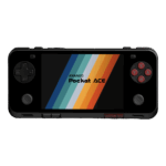 Front-facing view of the AYANEO Pocket ACE in black, displaying its screen with vibrant rainbow diagonal stripes and the Pocket ACE logo