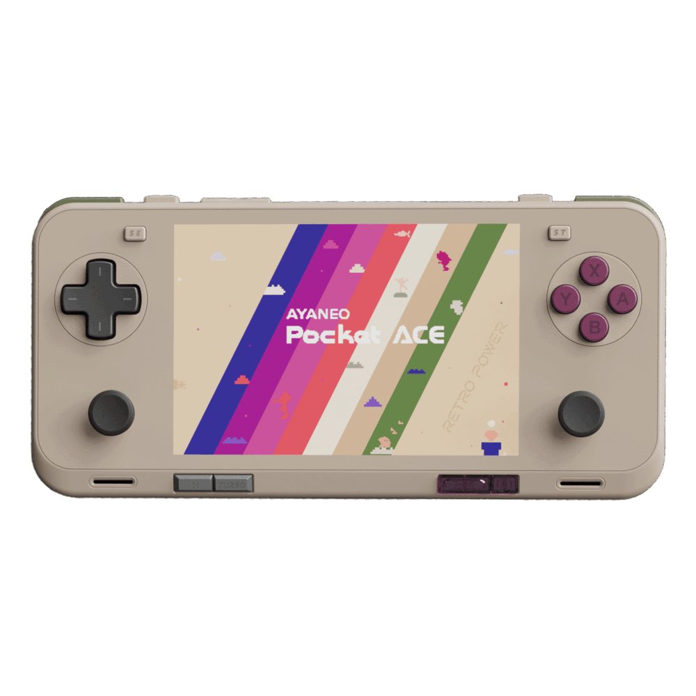 Front-facing view of the AYANEO Pocket ACE in retro beige with purple buttons, showing a pixel-themed version of the Pocket ACE logo on colorful stripes