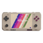 Front-facing view of the AYANEO Pocket ACE in retro beige with purple buttons, showing a pixel-themed version of the Pocket ACE logo on colorful stripes