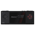 AYANEO-POCKET-MICRO-CLASSIC-BLACK-LISTING-IMAGE-DONE-1 - DROIX EU A black Ayaneo Pocket Micro handheld gaming console with a black screen displaying "AYANEO POCKET MICRO Classic" in white and red text. The console has a black D-pad on the left and four red action buttons on the right.