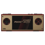 A gold and red Ayaneo Pocket Micro handheld gaming console with a black screen displaying "AYANEO POCKET MICRO Classic" in white and red text. The console has a gold D-pad on the left and four red action buttons on the right.