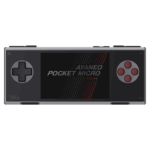 AYANEO-POCKET-MICRO-CLASSIC-GREY-LISTING-IMAGE-DONE-1 - DROIX EU A grey Ayaneo Pocket Micro handheld gaming console with a black screen displaying "AYANEO POCKET MICRO Classic" in white and red text. The console has a grey D-pad on the left and four red action buttons on the right.