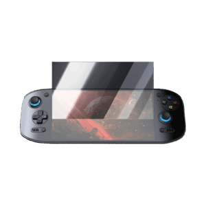AYN Odin 2 Portal handheld gaming console with a partially applied tempered glass screen protector, demonstrating its clarity and coverage for enhanced display protection.