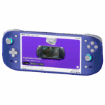 AYN-ODIN2-PORTAL-INDIGO-LISTING-IMAGE-DONE-1 - DROIX EU A indigo AYN Odin 2 Portal handheld gaming console displaying an action-packed RPG game. The screen shows a character using a fiery attack against enemies in a frozen landscape. The device has an ergonomic design with illuminated thumbsticks.