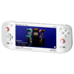 AYN-ODIN2-PORTAL-WHITE-LISTING-IMAGE-DONE-1 - DROIX EU A white AYN Odin 2 Portal handheld gaming console displaying an action-packed RPG game. The screen shows a character using a fiery attack against enemies in a frozen landscape. The device has an ergonomic design with illuminated thumbsticks.