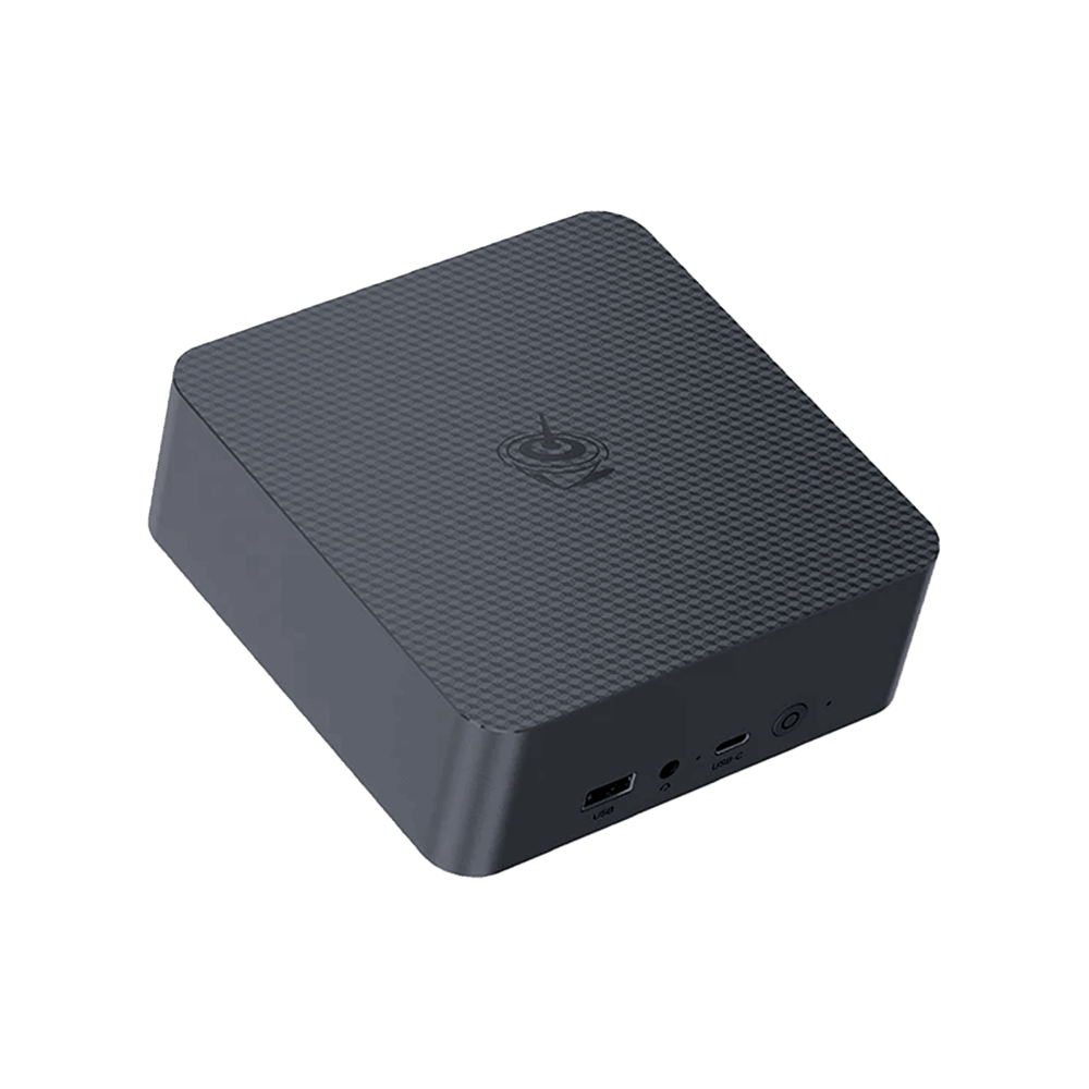 A compact yet powerful EQR5 Mini PC with a Black finish, Beelink branding, USB 3.0 ports, a headphone jack, a power button, and ventilation on the sides.