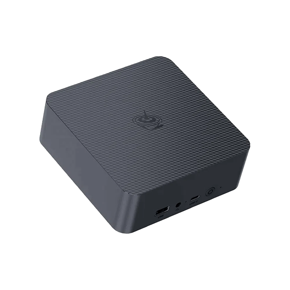 A compact yet powerful EQR5 Mini PC with a Black finish, Beelink branding, USB 3.0 ports, a headphone jack, a power button, and ventilation on the sides.