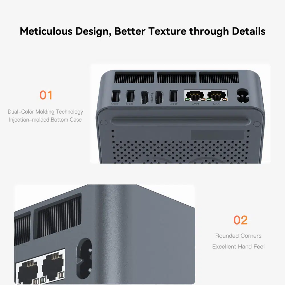 A close-up of the Beelink EQR5 showcasing dual-color molding technology, injection-molded bottom case, rounded corners, and a well-ventilated design for improved aesthetics and usability.