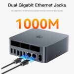 The back of the Beelink EQR5 with two Ethernet cables plugged in, emphasizing the 1000M dual Gigabit Ethernet jacks for network separation and security.