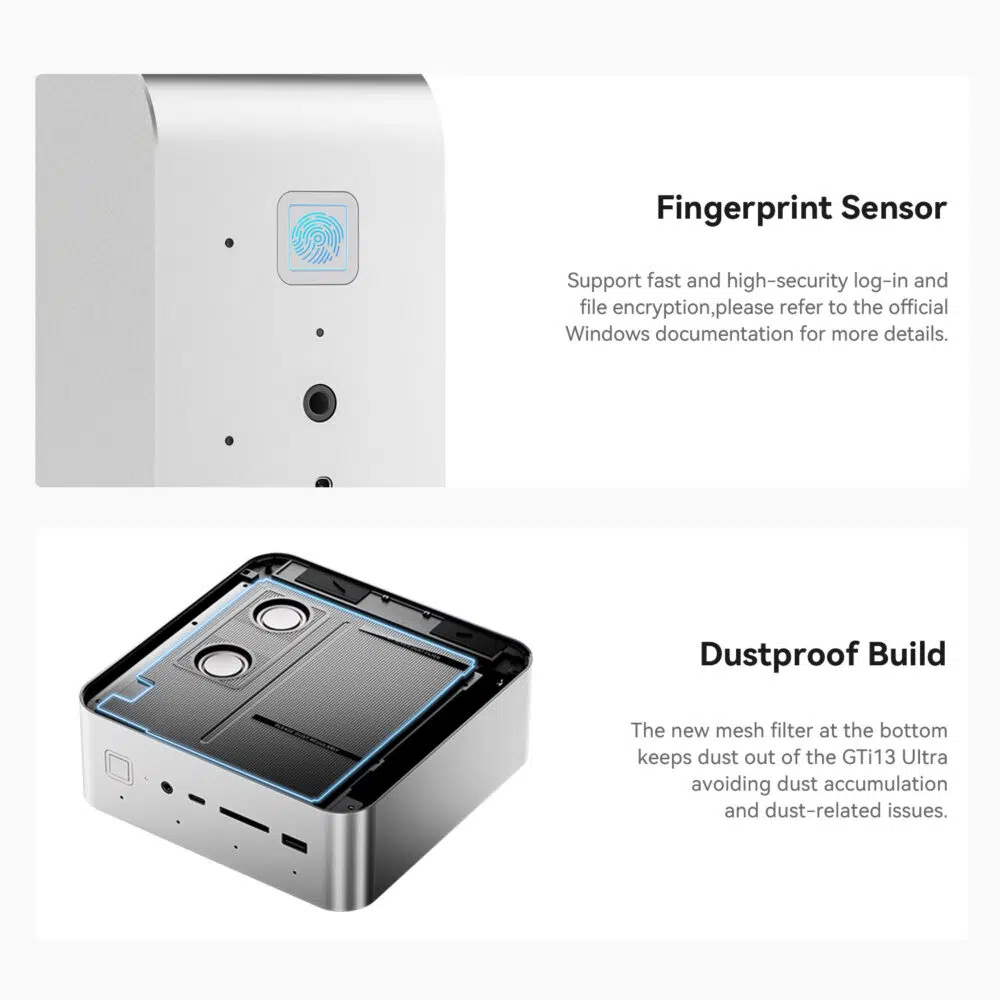 An infographic showcasing two features of the Beelink GTi13 Ultra: a fingerprint sensor for secure logins and file encryption, and a dustproof build with a mesh filter at the bottom to prevent dust accumulation. The image includes a close-up of the fingerprint sensor and an internal view of the bottom panel with mesh protection.