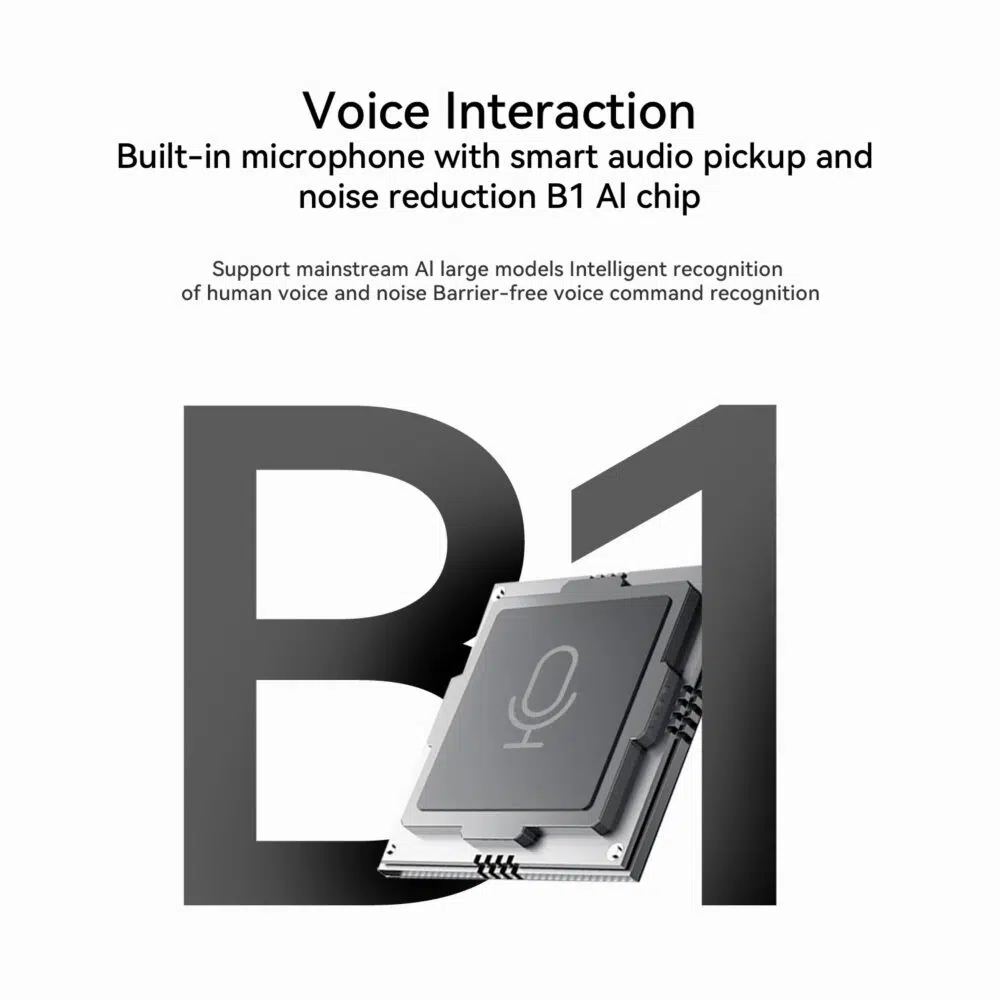 A feature highlight for the Beelink GTi13 Ultra, emphasizing its built-in microphone with AI-enhanced smart audio pickup and noise reduction using the B1 AI chip. The image features a large ‘B1’ text with a visual of a processor chip engraved with a microphone icon.