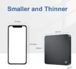 A size comparison between the Beelink T5 Mini PC and a smartphone, showing its dimensions: 106mm x 106mm x 18mm, highlighting its small and slim design.