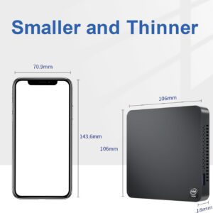 A size comparison between the Beelink T5 Mini PC and a smartphone, showing its dimensions: 106mm x 106mm x 18mm, highlighting its small and slim design.
