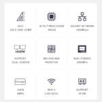 Specification chart of the Beelink T5, featuring an Intel N4020 processor, 4GB LPDDR4X RAM, 64GB eMMC storage, dual-screen support, 4K HD output, WiFi 5, Gigabit Ethernet, and an efficient cooling system.