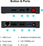 A close-up of the Beelink T5's ports, including USB 3.0, a headphone/microphone jack, a power button, HDMI 2.0, a Gigabit Ethernet port, and a DC input for power.