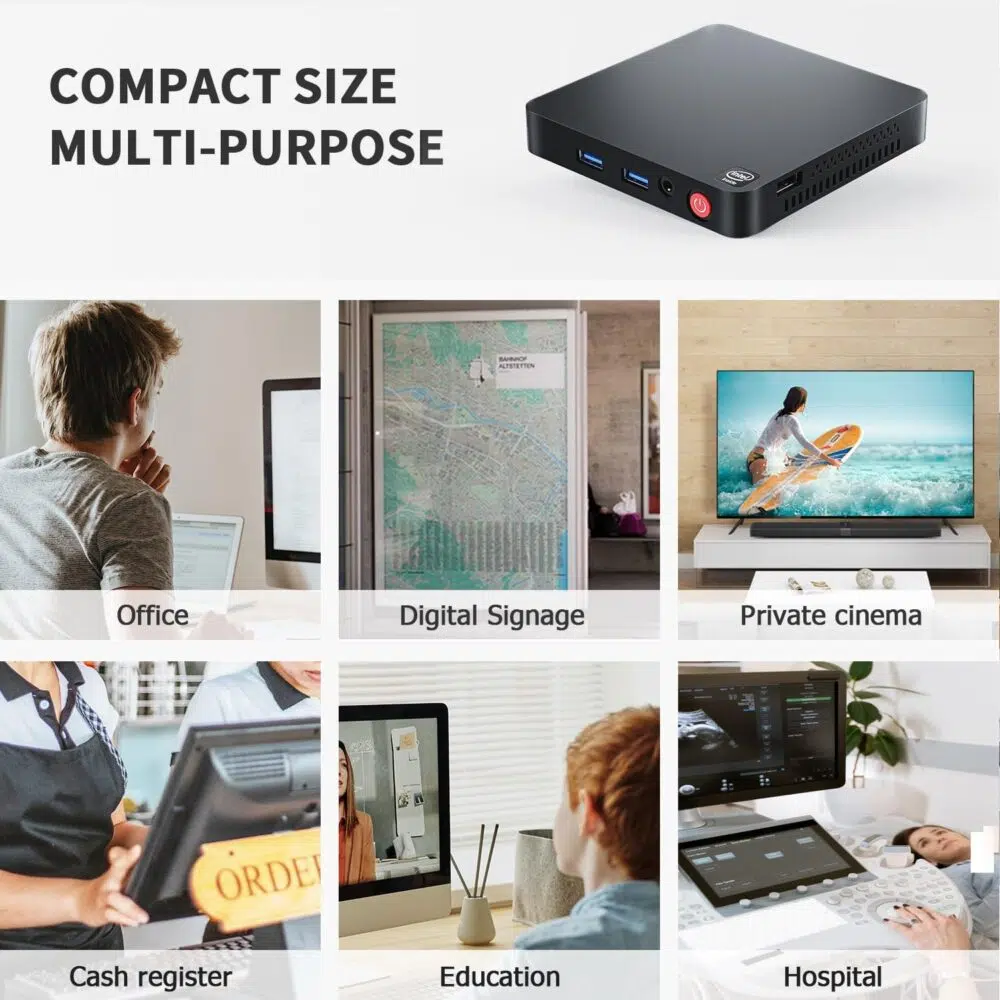 Various use-case scenarios for the Beelink T5, such as office work, digital signage, private home theater, cash register, education, and hospital applications.