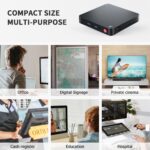 Various use-case scenarios for the Beelink T5, such as office work, digital signage, private home theater, cash register, education, and hospital applications.
