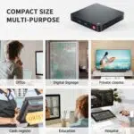 Various use-case scenarios for the Beelink T5, such as office work, digital signage, private home theater, cash register, education, and hospital applications.