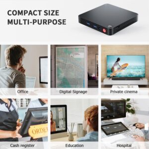 Various use-case scenarios for the Beelink T5, such as office work, digital signage, private home theater, cash register, education, and hospital applications.