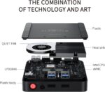 An exploded view of the Beelink T5, showing internal components like a heat sink, a cooling fan, Intel CPU, LPDDR4X RAM, and eMMC storage.