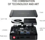 An exploded view of the Beelink T5, showing internal components like a heat sink, a cooling fan, Intel CPU, LPDDR4X RAM, and eMMC storage.