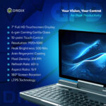 A promotional image for the GPD MicroPC 2, focusing on its "Your Vision, Your Control for Peak Productivity." The background is a stylized blue with hexagonal patterns. A GPD MicroPC 2 is shown at an angle, open in laptop mode with a glowing abstract wallpaper on its screen. The left side of the image lists detailed screen specifications, including "7" Full HD Touchscreen Display," "6-gen Corning Gorilla Glass," and "Resolution: 1920x1080."