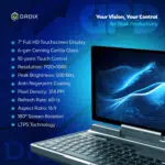 A promotional image for the GPD MicroPC 2, focusing on its "Your Vision, Your Control for Peak Productivity." The background is a stylized blue with hexagonal patterns. A GPD MicroPC 2 is shown at an angle, open in laptop mode with a glowing abstract wallpaper on its screen. The left side of the image lists detailed screen specifications, including "7" Full HD Touchscreen Display," "6-gen Corning Gorilla Glass," and "Resolution: 1920x1080."