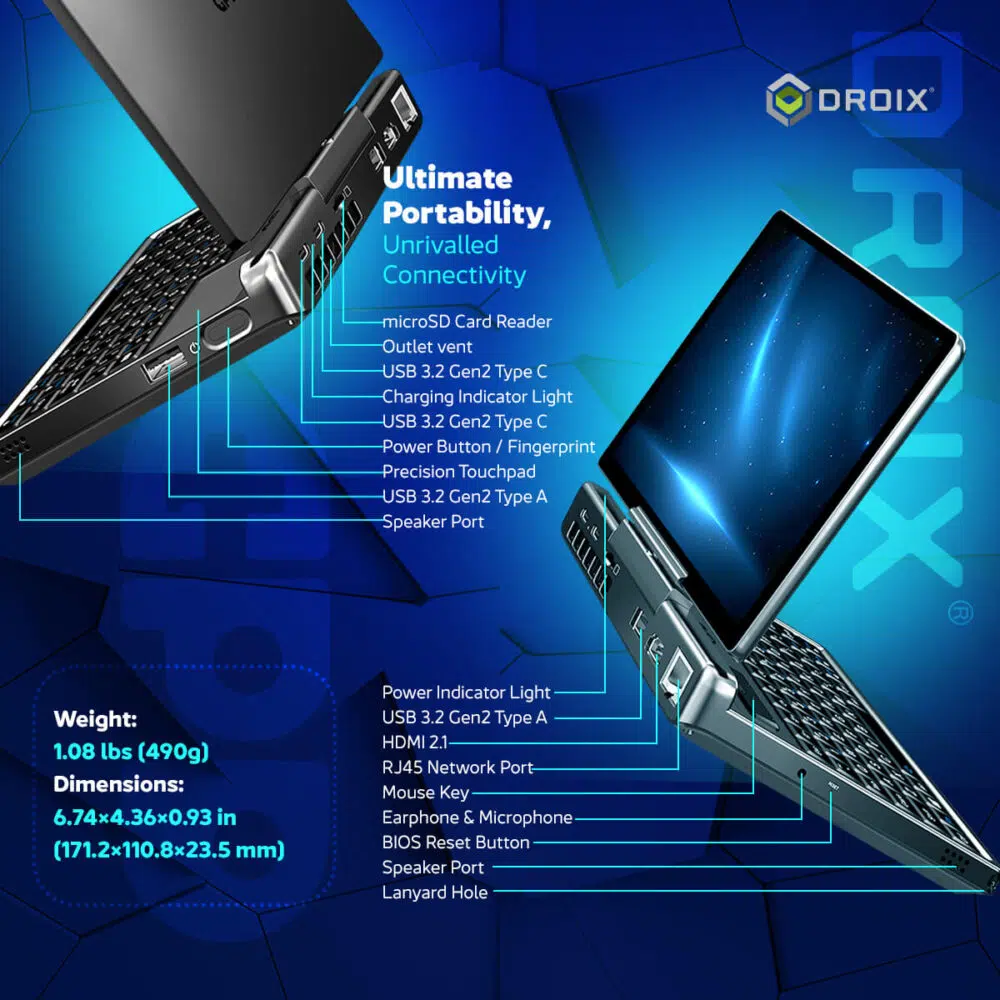 GPD MicroPC 2 infograafika, milles rõhutatakse selle "ülimat kaasaskantavust ja võrratut ühenduvust" koos üksikasjalike pordi- ja juhtimissiltidega. Pildil on kujutatud kaks seadet erinevate nurkade alt sinise kuusnurga taustal. Sinised jooned viitavad pordidelt ja juhtelementidelt nende vastavatele siltidele, näiteks "Power Button / Fingerprint", "RJ45 Network Port" ja "HDMI 2.1". Vasakpoolses allosas on loetletud seadme kaal "1.08 lbs (490g)" ja selle mõõtmed.
