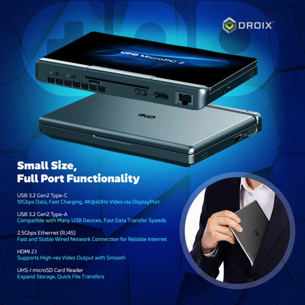 GPD MicroPC 2 reklaamkujutis, mis rõhutab selle "väikest suurust ja täielikku funktsionaalsust". Kaks GPD MicroPC 2 seadet on kujutatud nurga all, stiliseeritud sinisel taustal, millel on kuusnurkne muster, üks avatud ja teine suletud. Põhitekstis kirjeldatakse erinevaid porte: USB-C, USB-A, Ethernet, HDMI ja microSD-kaardilugeja ning nende vastavad kiirused ja kasutusvõimalused. Paremal allosas on kujutatud lähivaade inimesest, kes hoiab kompaktset seadet käes, rõhutades selle kaasaskantavust.