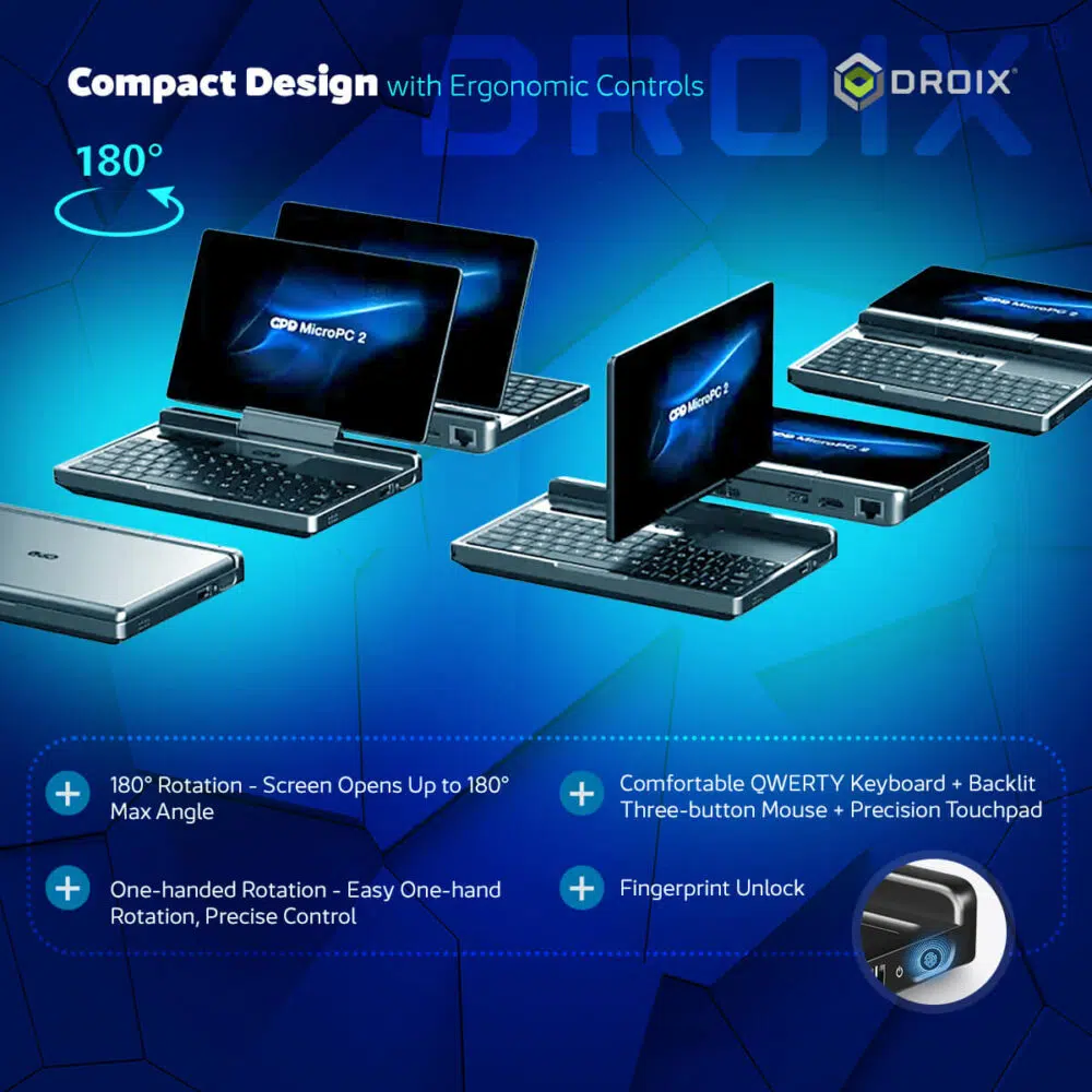 GPD MicroPC 2 "kompaktne disain koos ergonoomiliste juhtimispunktidega" reklaamkujutis. Taustaks on stiliseeritud sinine kuusnurkne muster. Ülal on kujutatud 180° pööramise skeem. Näidatakse kolme GPD MicroPC 2 järjestust, mis demonstreerib selle liigendipööret. Pildi alumises osas on esile toodud peamised omadused kuulidega: "180° pööramine", "Ühe käega pööramine", "Mugav QWERTY-klaviatuur" ja "Sõrmejälje avamine", koos väikese sissekantud pildiga sõrmejäljeandurist.