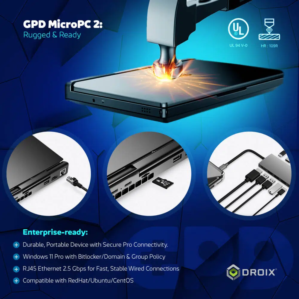 "GPD MicroPC 2: Rugged & Ready" reklaamkujutis, mis rõhutab selle vastupidavust ja ettevõtlusomadusi. Ülemisel poolel on kujutatud haamer, mis lööb seadme ekraani nurka ja millel on helendav löögiefekt. Selle kõrval on logod "UL" ja "UL 94 V-0". Allpool on kolm ringikujulist sissekannet: üks näitab lähivaadet RJ45 Ethernet-pordist koos kaabliga, teine näitab microSD-kaardipesa koos sisestatud kaardiga ja kolmas USB-C-keskust koos mitme ühendatud kaabliga. Alumisel poolel on kirjas "Enterprise-ready" koos punktidega selle vastupidavuse, operatsioonisüsteemi ühilduvuse ja ühenduvuse kohta.