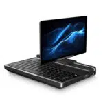 Side view of the GPD MicroPC 2 with its 7-inch touchscreen tilted forward, demonstrating the flexible hinge and compact chassis.