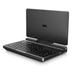 Rear view of the GPD MicroPC 2 with the lid open, showcasing the minimalist back panel and hinge design of the rugged mini laptop.