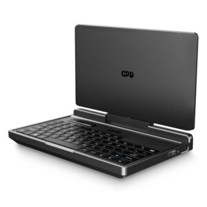Rear view of the GPD MicroPC 2 with the lid open, showcasing the minimalist back panel and hinge design of the rugged mini laptop.
