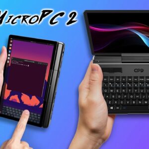 A person holds a black GPD MicroPC 2, a compact laptop with a hinged screen and a full QWERTY keyboard, with both hands. The screen displays a colorful, abstract wallpaper with blue, pink, and orange hues. To the left, another person holds the same device in portrait mode, using it like a large smartphone with a virtual keyboard displayed on the screen. The device's screen in this view shows a Linux desktop environment with a terminal window open. In the upper left corner of the image, there are four white icons: a network port, Wi-Fi, Bluetooth, and a power plug. The text "GPD MICROPC 2" is written in a stylized white font across the top of the image.