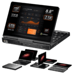 GPD Pocket 4 mini-bärbar dator utrustad med en AMD Ryzen 9 AI HX 370-processor, 32 GB RAM och 4 TB NVMe SSD. Den har en 8,8-tums 2,5K högupplöst pekskärm. Olika vinklar på enheten understryker den eleganta och flexibla designen. Perfekt för högpresterande uppgifter i en kompakt formfaktor.