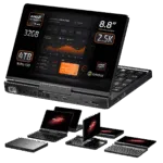 GPD POCKET-4-INFOGRAFIK-DONE-370-32-4-01 GPD Pocket 4 mini-bärbar dator utrustad med en AMD Ryzen 9 AI HX 370-processor, 32 GB RAM och 4 TB NVMe SSD. Den har en 8,8-tums 2,5K högupplöst pekskärm. Olika vinklar på enheten understryker den eleganta och flexibla designen. Perfekt för högpresterande uppgifter i en kompakt formfaktor.