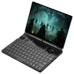 A black GPD WIN MAX 2 handheld gaming PC is shown open at an angle, displaying a dark fantasy action game on its screen. The device features a full QWERTY keyboard, an integrated touchpad, and game controllers with analog sticks and buttons on either side of the keyboard.