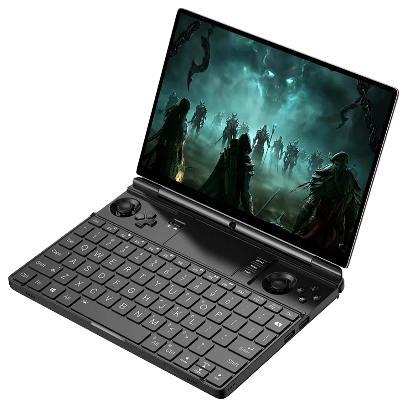 GPD WIN MAX 2 1 A black GPD WIN MAX 2 handheld gaming PC is shown open at an angle, displaying a dark fantasy action game on its screen. The device features a full QWERTY keyboard, an integrated touchpad, and game controllers with analog sticks and buttons on either side of the keyboard.